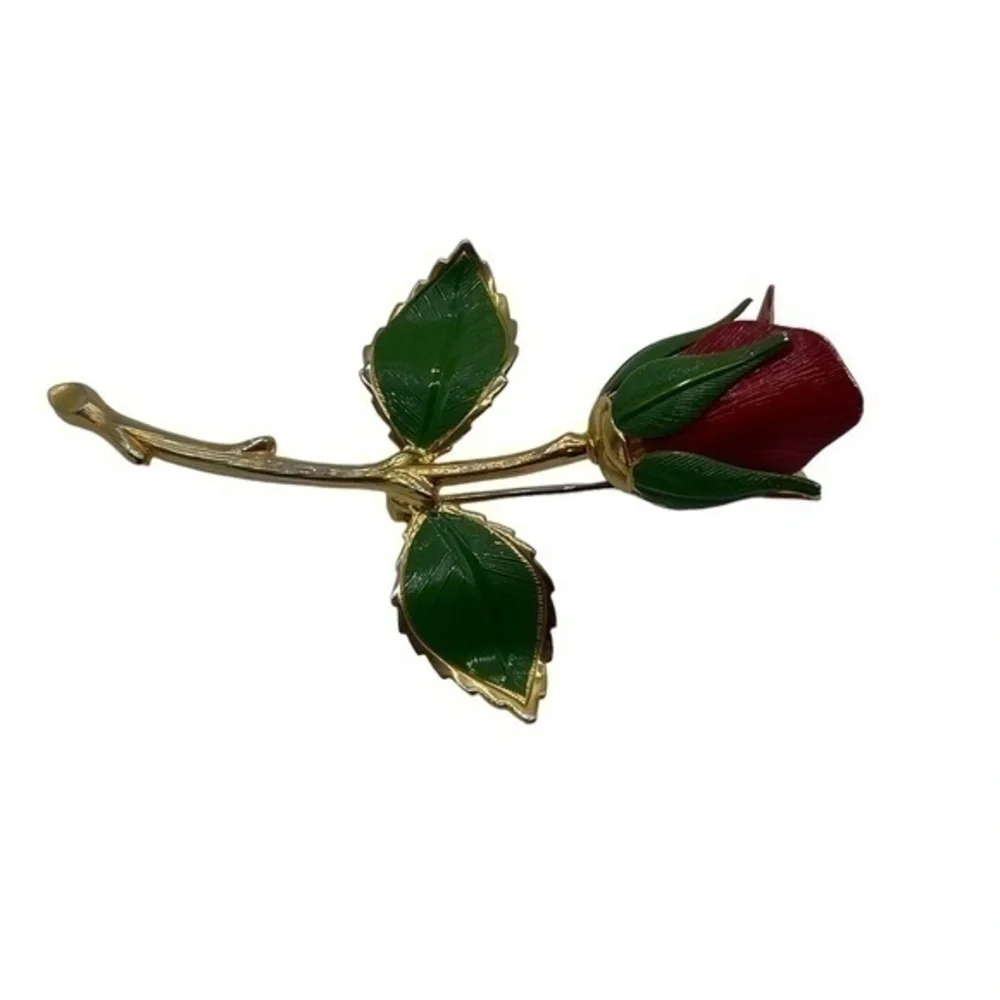Red Rose Brooch Lacquer Coated Red Rose Brooch Gold Tone Trim Green Leaves
